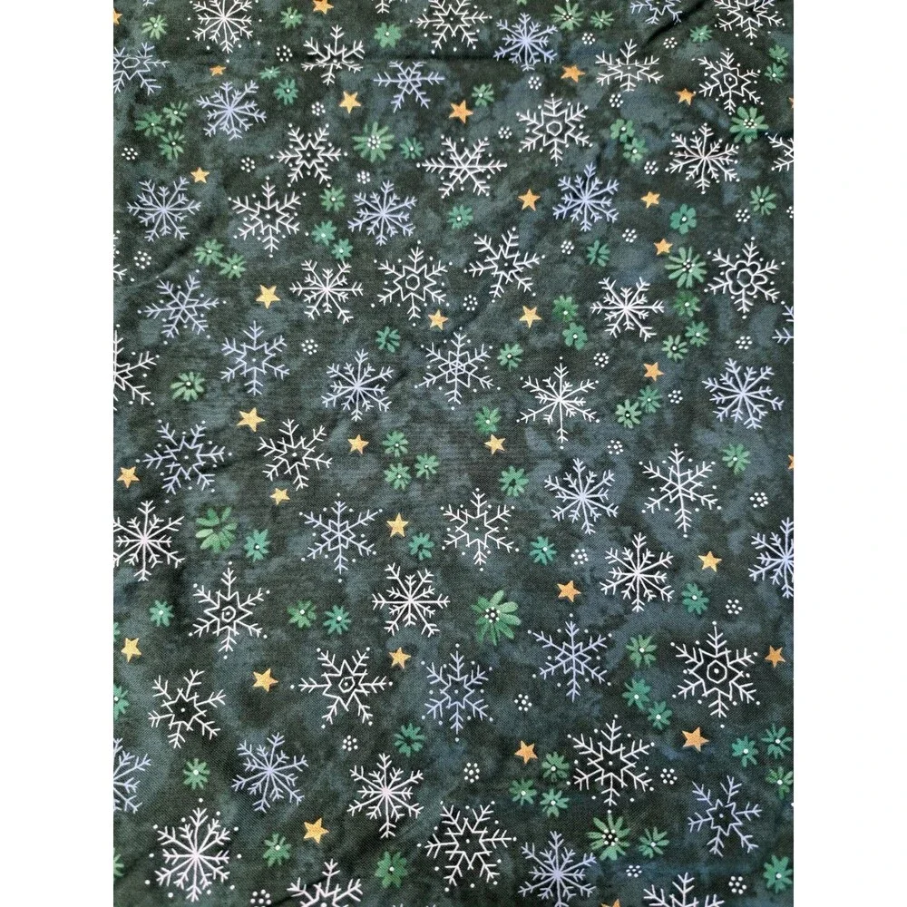 Vintage 2004 Blank Textiles Christmas Fabric Green w/ Snowflakes & Stars